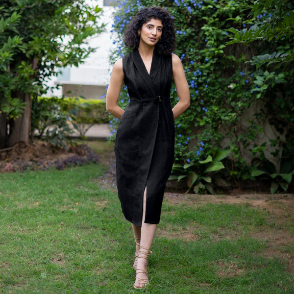 Black Warm Cotton Corduroy Sleeveless Midi Blazer Dress 70