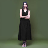 Black Warm Cotton Corduroy Sleeveless Midi Wrap Dress