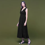 Black Warm Cotton Corduroy Sleeveless Midi Wrap Dress