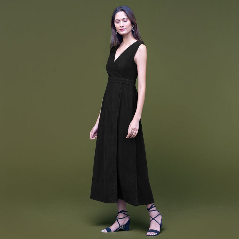 Black Warm Cotton Corduroy Sleeveless Midi Wrap Dress