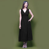 Black Warm Cotton Corduroy Sleeveless Midi Wrap Dress