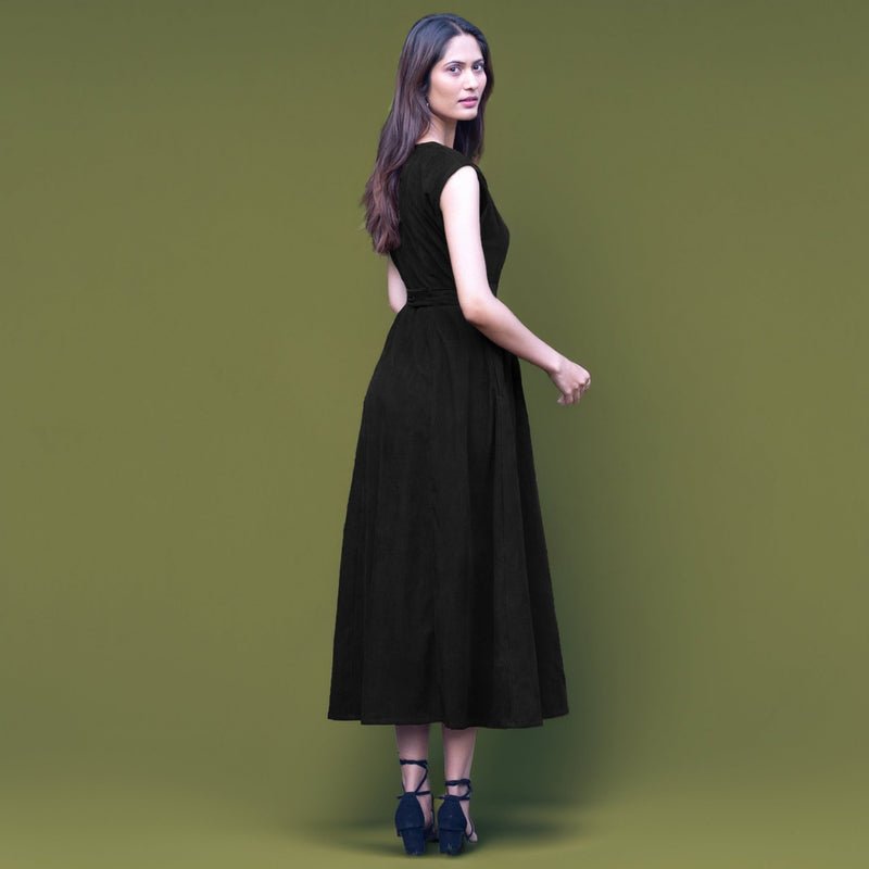 Black Warm Cotton Corduroy Sleeveless Midi Wrap Dress