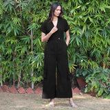 Black Warm Cotton Corduroy Wide Legged Wrap Cargo Jumpsuit