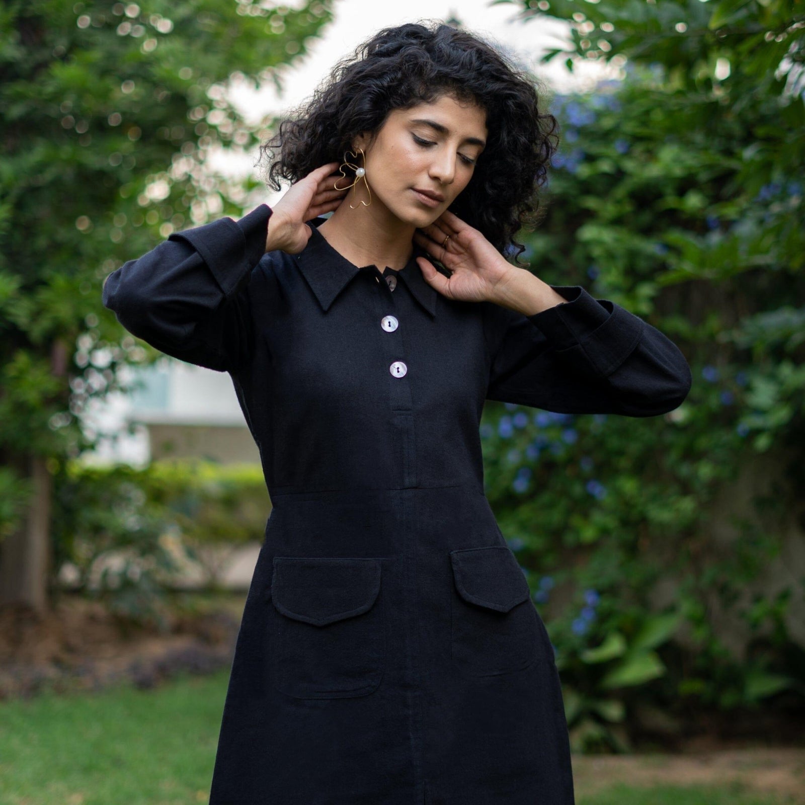 Black Warm Cotton Flannel A-Line Full Sleeve Short Dress 32
