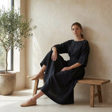 Black Warm Cotton Flannel Boat Neck Maxi Dress with Kimono Sleeves