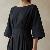 Black Warm Cotton Flannel Boat Neck Maxi Dress with Kimono Sleeves