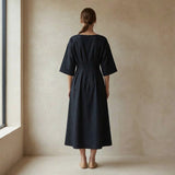 Black Warm Cotton Flannel Boat Neck Maxi Dress with Kimono Sleeves