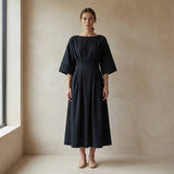 Black Warm Cotton Flannel Boat Neck Maxi Dress with Kimono Sleeves