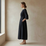 Black Warm Cotton Flannel Boat Neck Maxi Dress with Kimono Sleeves