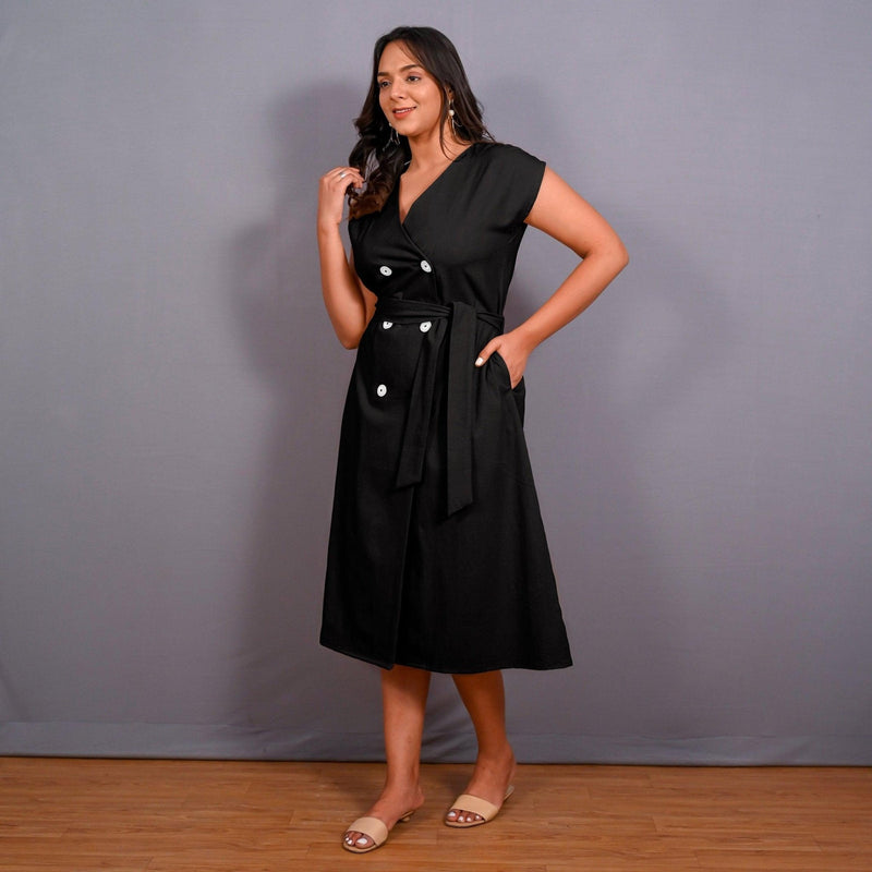 Black Warm Cotton Flannel Button-Down A-Line Midi Dress