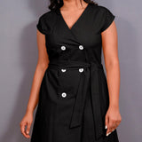 Black Warm Cotton Flannel Button-Down A-Line Midi Dress