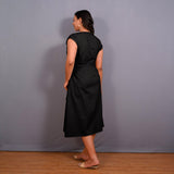 Black Warm Cotton Flannel Button-Down A-Line Midi Dress