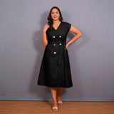 Black Warm Cotton Flannel Button-Down A-Line Midi Dress