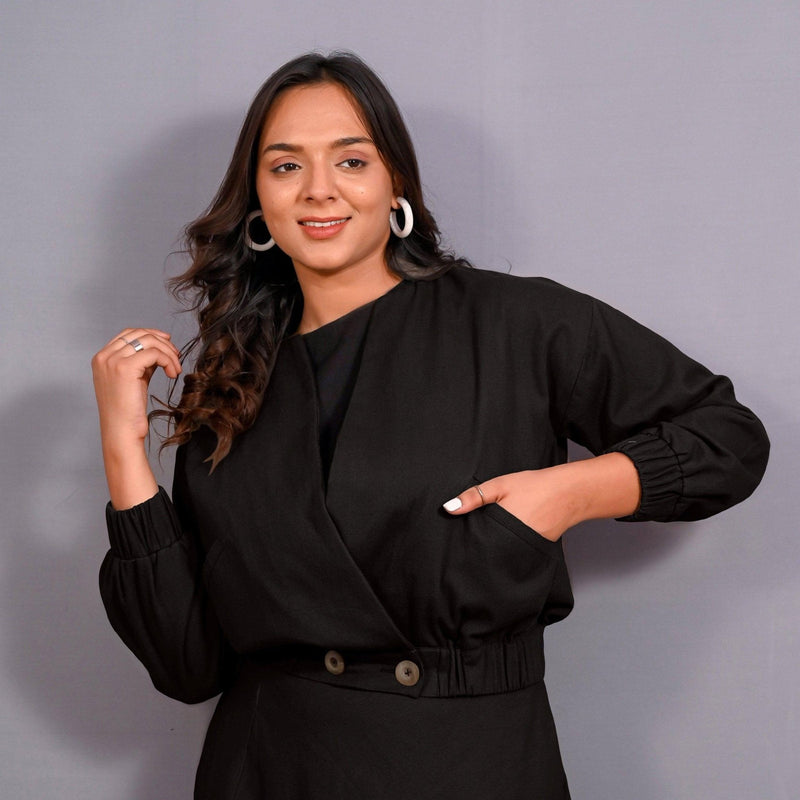 Buy Black Warm Cotton Flannel Double-Breasted Bomber Jacket Online