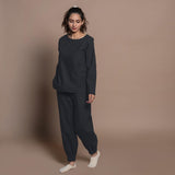 Front View of a Model wearing Black Warm Cotton Flannel Elasticated High-Rise Jogger Pant