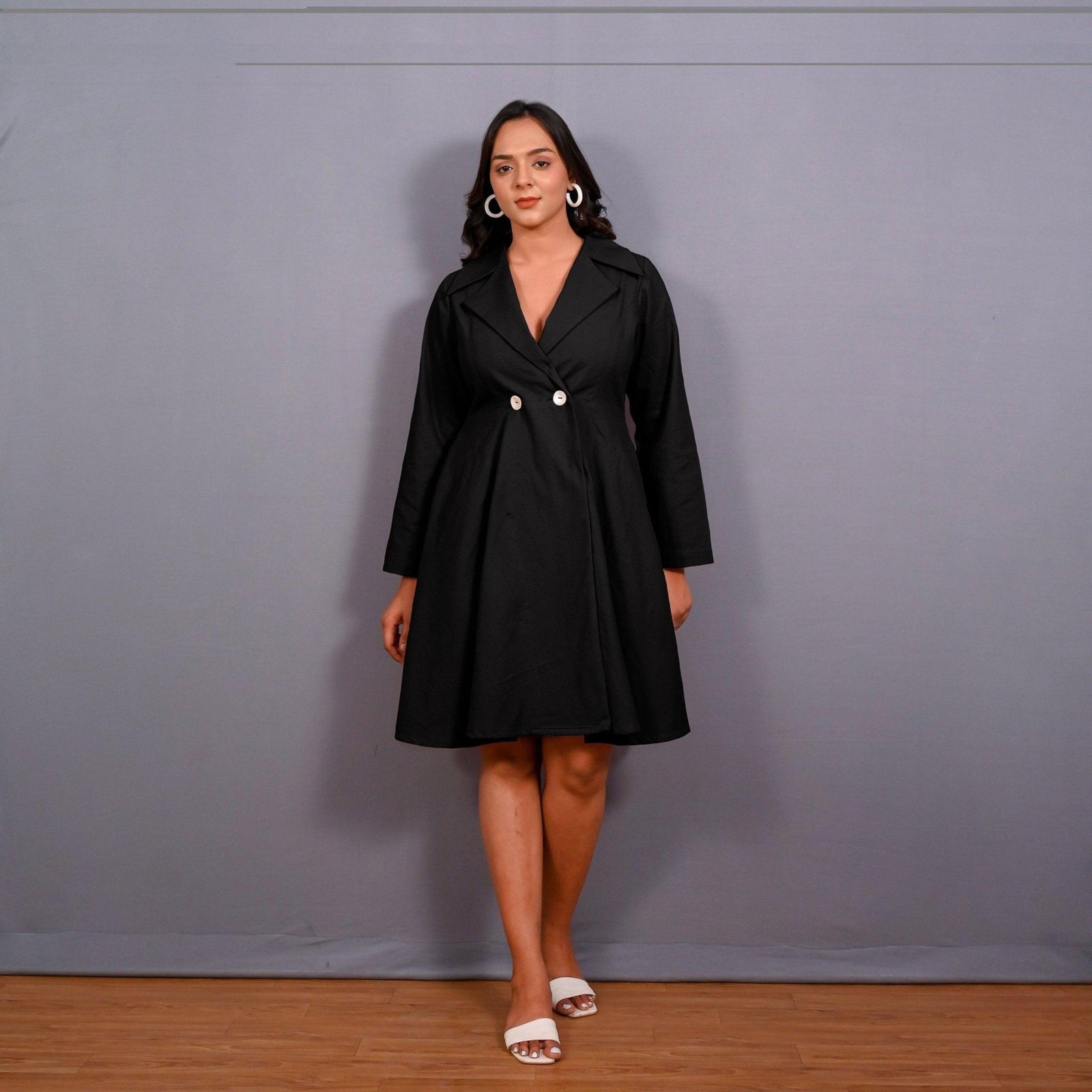 Black Warm Cotton Flannel Fit and Flare Knee Length Blazer Dress 46