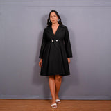 Black Warm Cotton Flannel Fit and Flare Knee Length Blazer Dress