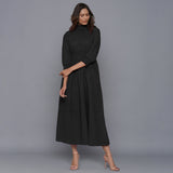 Black Warm Cotton Flannel High Neck Maxi Dress