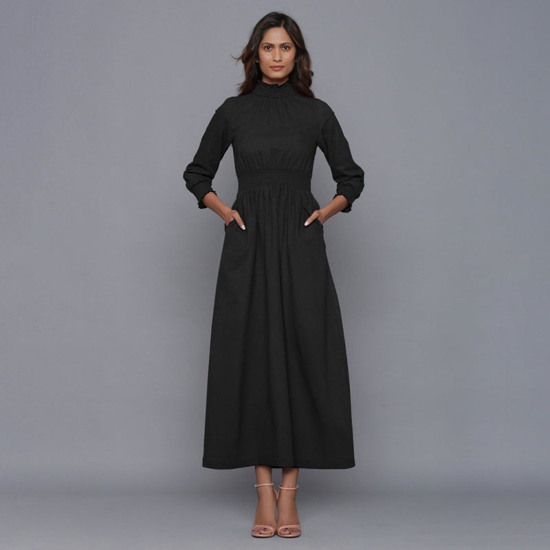 Black Warm Cotton Flannel High Neck Maxi Dress 62" / Tall (5'7" and above) Black Warm Cotton Flannel High Neck Maxi Dress 62" / Tall (5'7" and above)