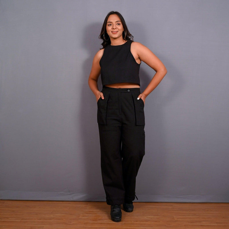 Front View of a Model wearing Black Warm Cotton Flannel High-Rise Convertible Jogger Cargo Pant