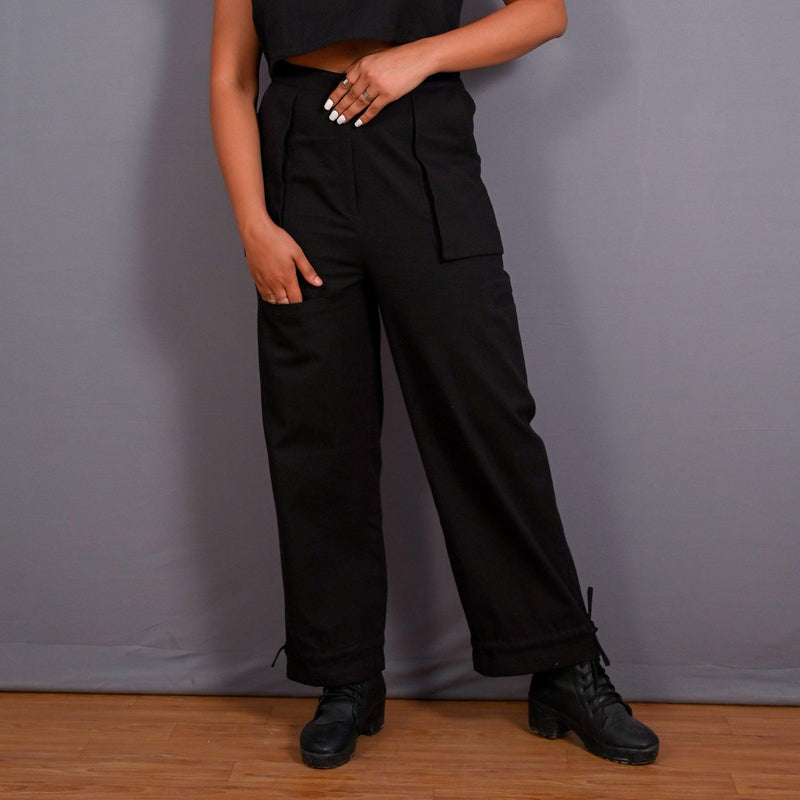 Front View of a Model wearing Black Warm Cotton Flannel High-Rise Convertible Jogger Cargo Pant