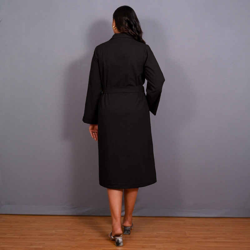 Black Warm Cotton Flannel Midi Blazer Dress