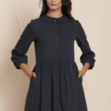 Front Detail of a Model wearing Black Warm Cotton Flannel Peter Pan Midi Dress