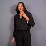 Front View of a Model wearing Black Warm Cotton Flannel Single-Breasted Crop Blazer