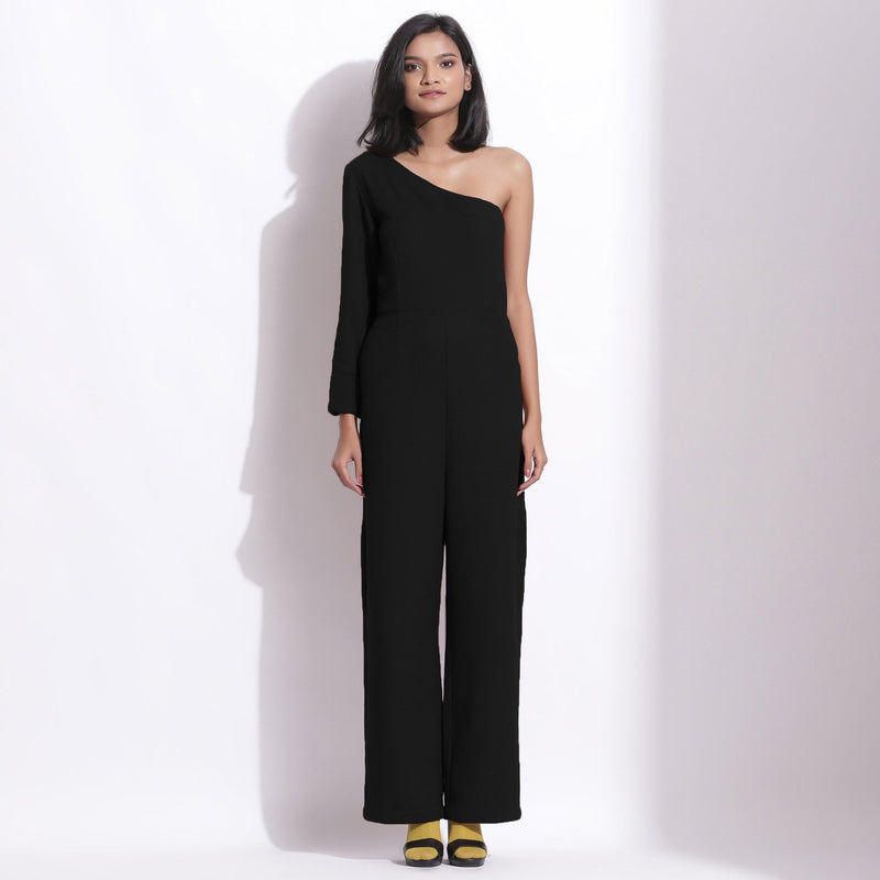 Black Warm Cotton Waffle Ankle Length One-Shoulder Jumpsuit