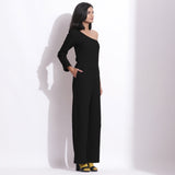 Black Warm Cotton Waffle Ankle Length One-Shoulder Jumpsuit