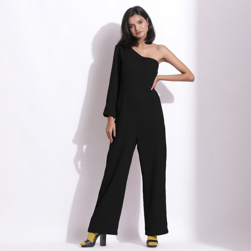 Black Warm Cotton Waffle Ankle Length One-Shoulder Jumpsuit