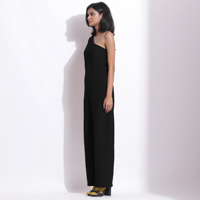 Black Warm Cotton Waffle Ankle Length One-Shoulder Jumpsuit