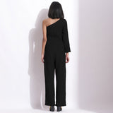 Black Warm Cotton Waffle Ankle Length One-Shoulder Jumpsuit