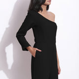 Black Warm Cotton Waffle Ankle Length One-Shoulder Jumpsuit