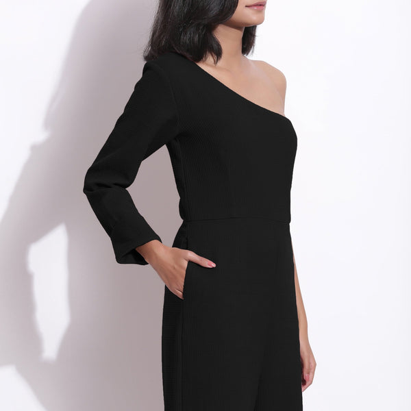 Black Warm Cotton Waffle Ankle Length One-Shoulder Jumpsuit