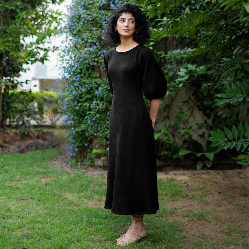 Black Warm Cotton Waffle Fit and Flare Maxi Dress 46