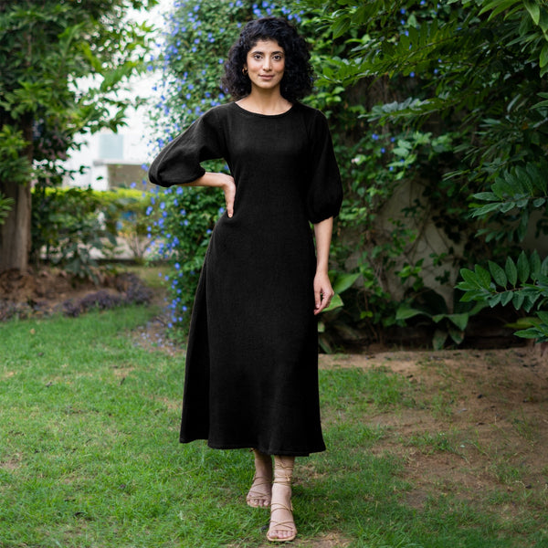 Black Warm Cotton Waffle Fit and Flare Maxi Dress 50" / Regular (5'2" - 5'6") Black Warm Cotton Waffle Fit and Flare Maxi Dress 50" / Regular (5'2" - 5'6")