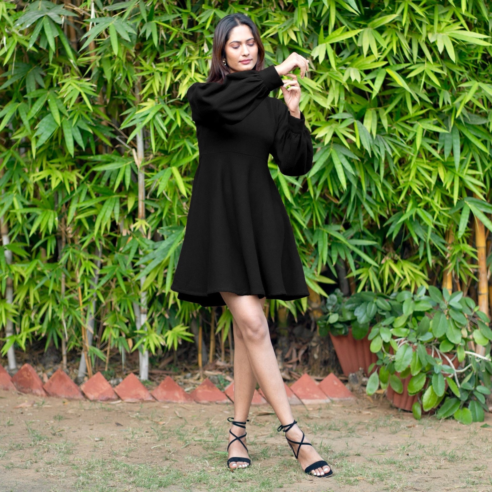 Black Warm Cotton Waffle Fit and Flare Short Dress 46