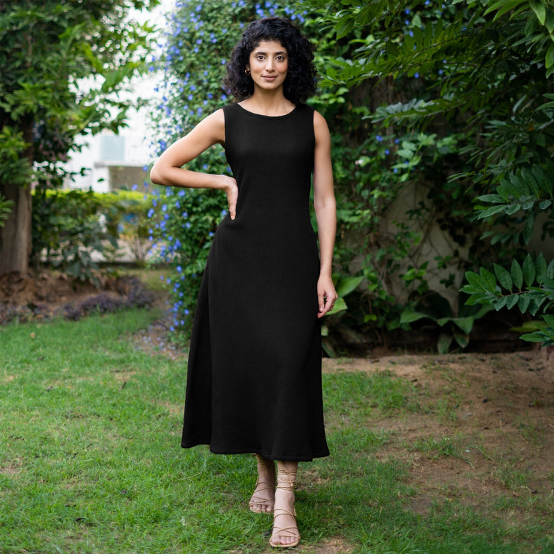 Black Warm Cotton Waffle Fit and Flare Sleeveless Maxi Dress 30" / Custom Height (Free) Black Warm Cotton Waffle Fit and Flare Sleeveless Maxi Dress 30" / Custom Height (Free)