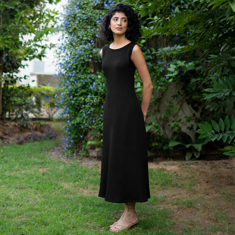 Black Warm Cotton Waffle Fit and Flare Sleeveless Maxi Dress