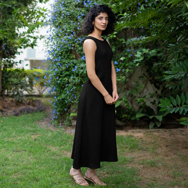 Black Warm Cotton Waffle Fit and Flare Sleeveless Maxi Dress