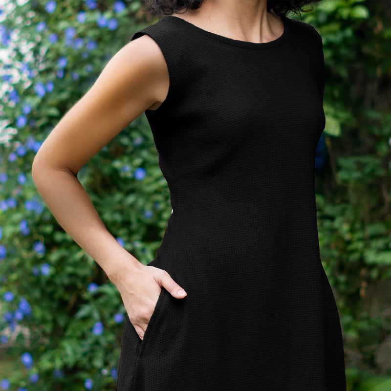 Black Warm Cotton Waffle Fit and Flare Sleeveless Maxi Dress 30" / Custom Height (Free) Black Warm Cotton Waffle Fit and Flare Sleeveless Maxi Dress 30" / Custom Height (Free)
