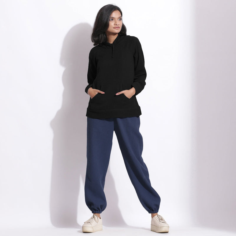 Black Warm Cotton Waffle Hoodie Sweatshirt