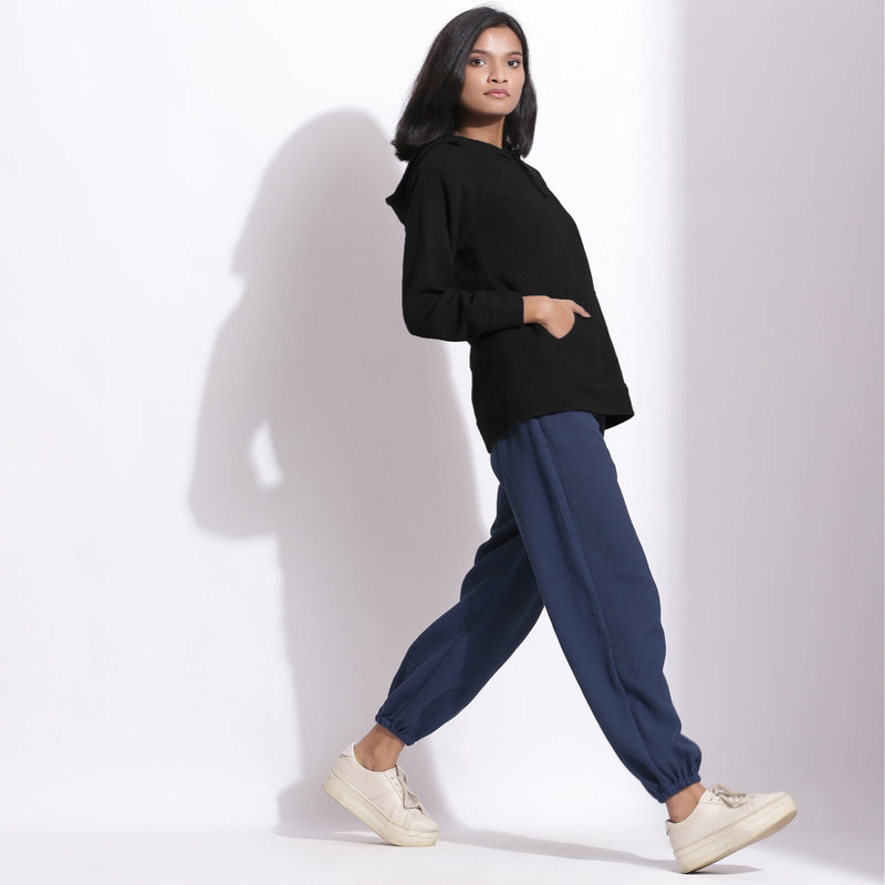 Black Warm Cotton Waffle Hoodie Sweatshirt