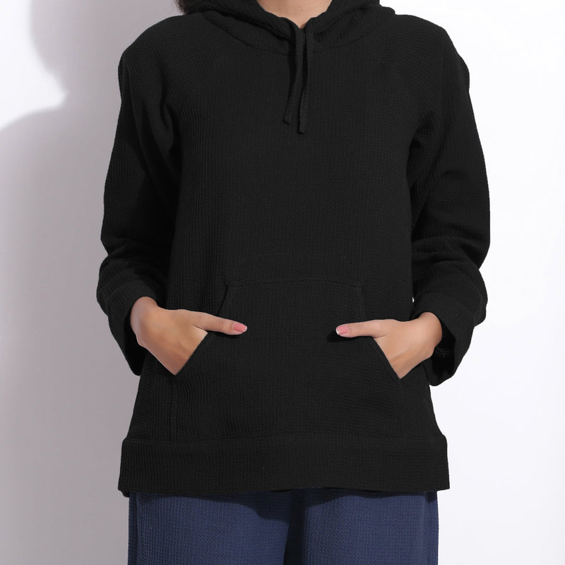 Black Warm Cotton Waffle Hoodie Sweatshirt