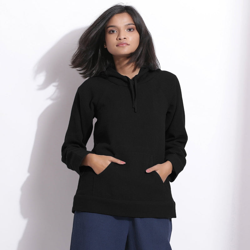 Black Warm Cotton Waffle Hoodie Sweatshirt