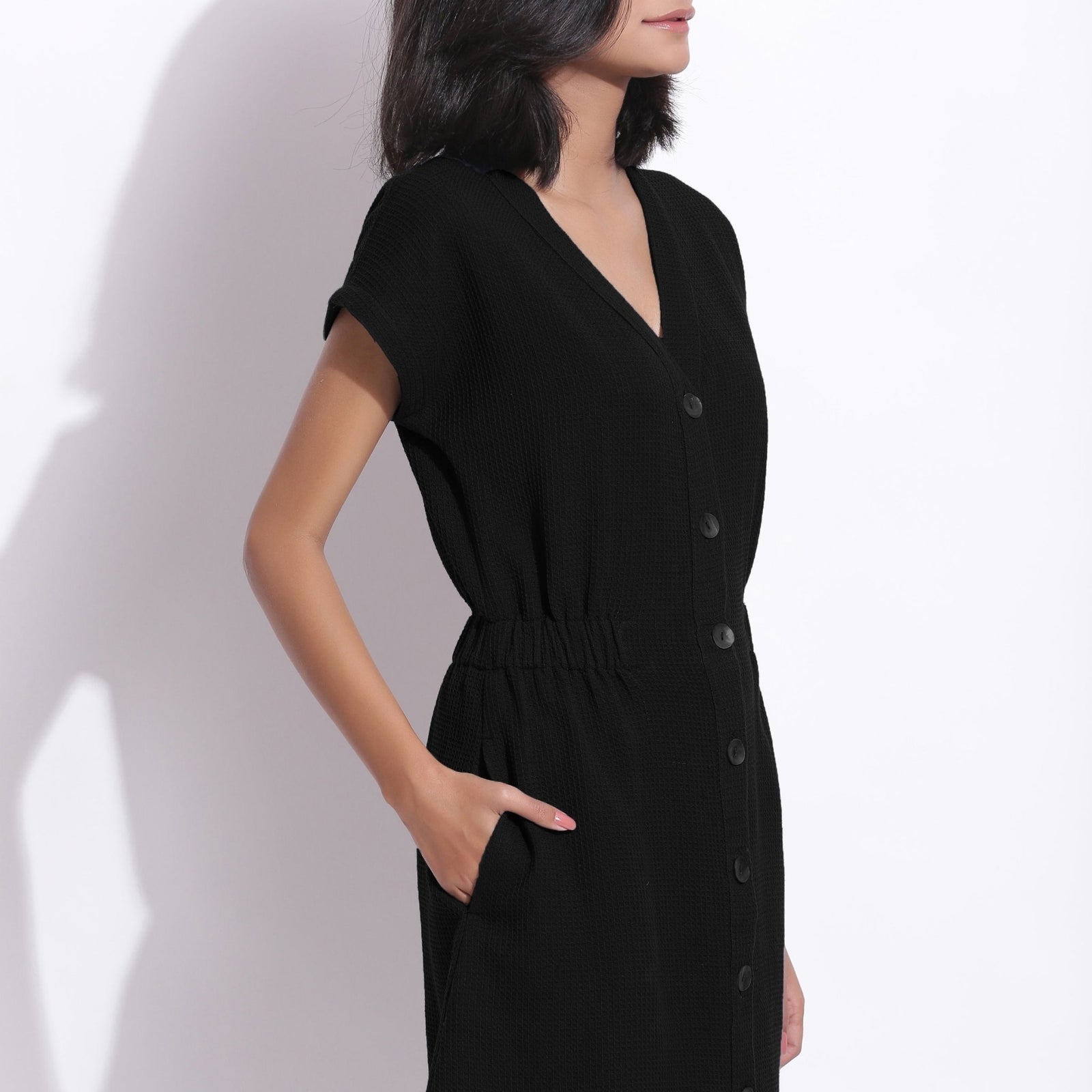 Black Warm Cotton Waffle Knee Length Button-Down Dress 44" / Tall (5'7" and above)