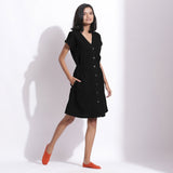 Black Warm Cotton Waffle Knee Length Button-Down Dress