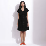 Black Warm Cotton Waffle Knee Length Button-Down Dress