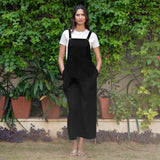 Black Warm Cotton Waffle Midi Dungaree Jumpsuit